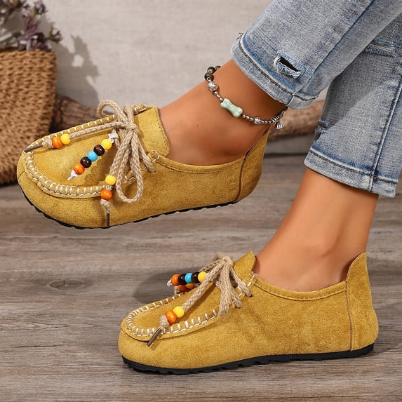 Wide Toe Box Shoes Women, Comfortable Flats for Women, Suede Moccasins Loafers for Women With Beaded Fashion Comfortable Round Toe Slip On Flats Daily Work Walking Shoes, Yellow US-7.5/EU-40