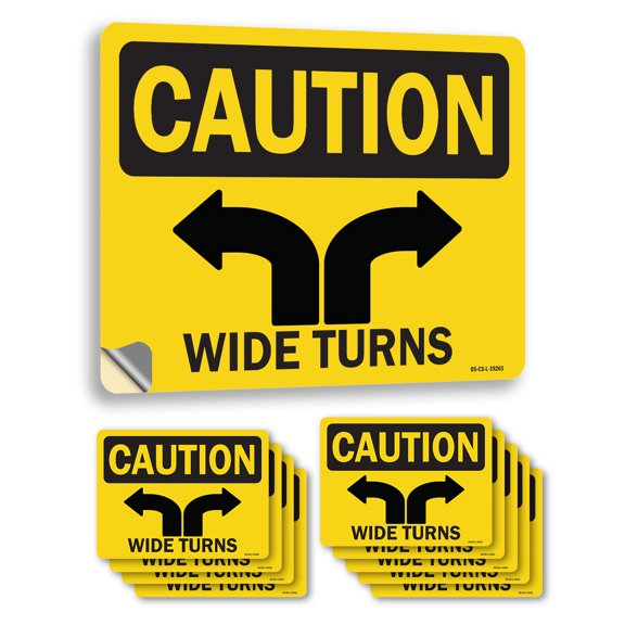 Wide Turns OSHA Caution Vinyl Decal Label 14 Inch x 10 Inch - 10 Pack