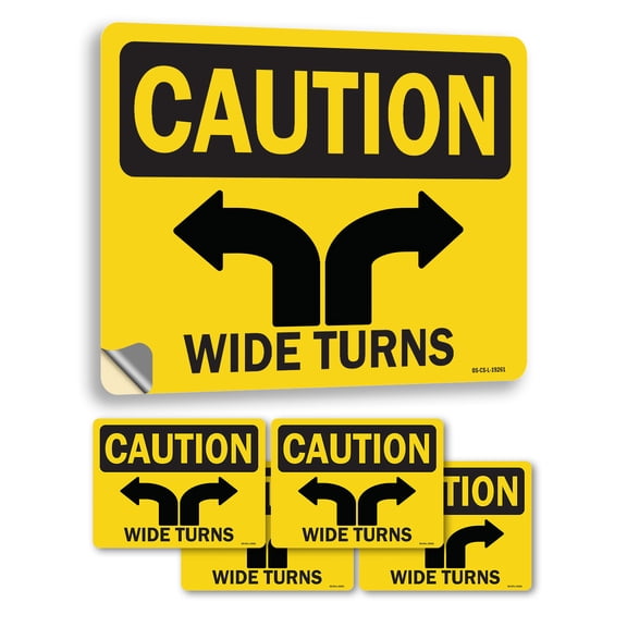Wide Turns OSHA Caution Vinyl Decal Label 5 Inch x 3.5 Inch - 5 Pack