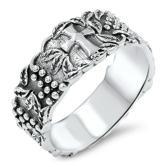 Wide Vineyard Cross Leaf Eternity Ring .925 Sterling Silver Band Jewelry Female Male Unisex Size 9