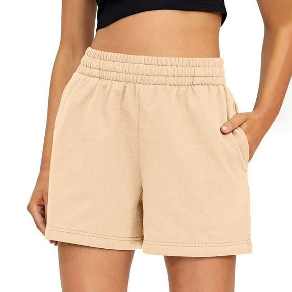 Wide Waistband Sweat Shorts for Women Pull on Breathable Elastic Waist Lightweight Shorts Stretchy High Waisted Athletic Jogger Shorts with Pockets Beige M