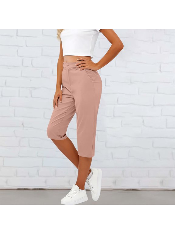 Wide Waistband Yoga Pants Women's Golf Capris High Waisted Stretchy Cropped Pants with Pockets Lightweight Dressy Casual Pants for Summer Daily Wear M
