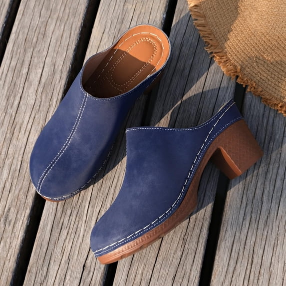 Wide Width High Heel Clogs with Arch Support 2026 Closed Toe Slip On Suede Slides for Women Fashion Chunky Block Heel Round Toe Mule Indoor Outdoor Slippers Comfortable Non Slip Walking Shoes