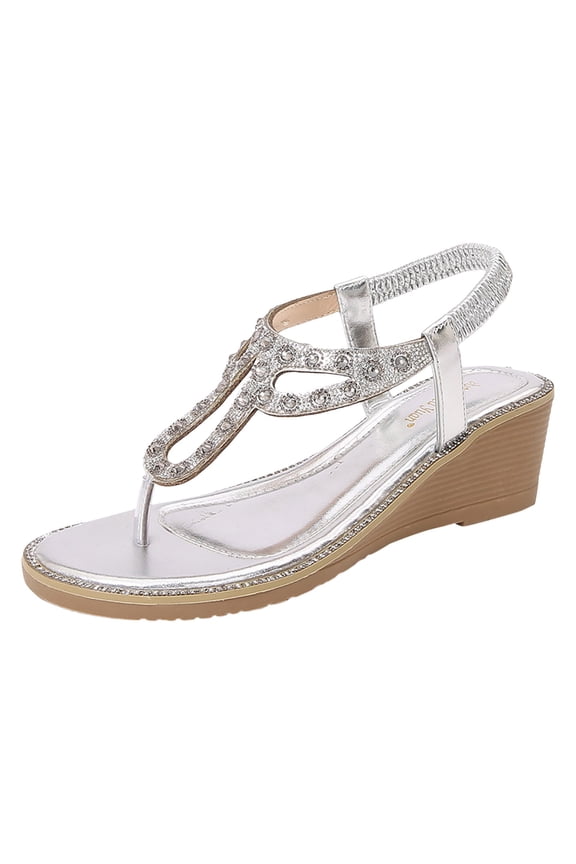 Wide Width Sandals for Women Summer Bohemian Rhinestone Sandals Ethnic Style Flip Flops Thick Soled Wedge Beach Shoes Silver 39