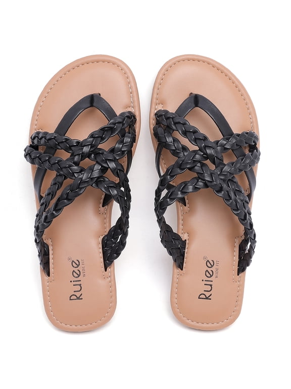 Wide Width Sandals for Women, Summer Flip Flops Wide Feet Flat Slides Casual Braided Comfort Slip on Breathable Cute Sandal.