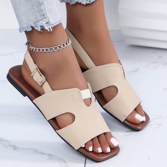 Wide Width Shoes for Women, Dressy Flat Sandals for Women, Women Flat Sandals, Womens Slingback Sandals, Peep Toe Low Block Heel Sandals for Women, Leather Insole Comfort Sandals, Khaki 7.5