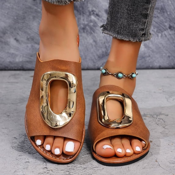 Wide Width Shoes for Women, Leather Sandals for Women, Women Flat Sandals, Women's Gold Flip Flops Summer Sandals 2026 Wedding Dressy Vacation Beach Open Toe Slides Shoes, Light Brown 5.5