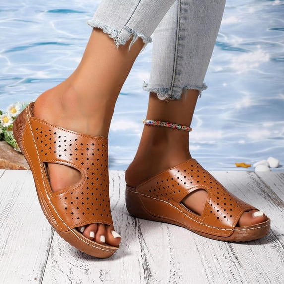 Wide Width Wedge Sandals for Women Orthopedic Peep Toe Hollow Slip On Slides Ladies Low Heel Comfy Cushioned Footbed Arch Support Slides Recovery Mules Casual Shoes for Outdoor Indoor Daily Wear