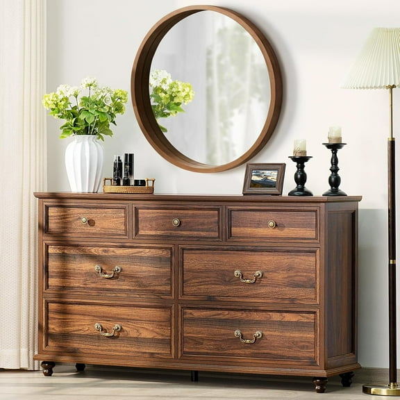 Wide Wood Dresser, 7 Drawer Dresser for Bedroom, Modern Chest of Drawers with Deep Drawers Waterproof Living Room, Hallway, Entryway, Brown