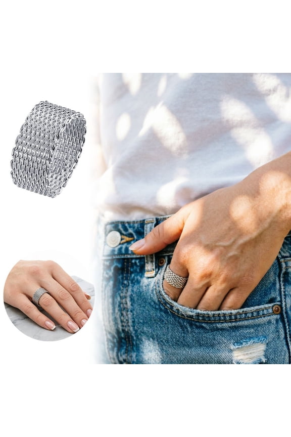 Wide Woven Mesh Ring for Women Antique Silver-Tone Industrial Chainmaille Band, Bold Statement Ring, Adjustable Fit for Everyday or Party Wear