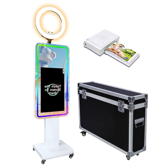 WideMeet 21.5inch Touch Screen Mirror Photo Booth Machine with Flight Case for Wedding Birthday