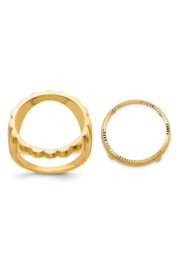 Wideband Distinguished Coin Jewelry 10k Ladies' Polished and Diamond-cut Fluted 16.5mm Coin Bezel Ring