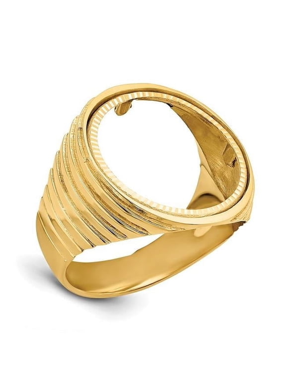 Wideband Distinguished Coin Jewelry 14k Men's Polished and Diamond-cut Ribbed Edge 16.5mm Coin Bezel Ring