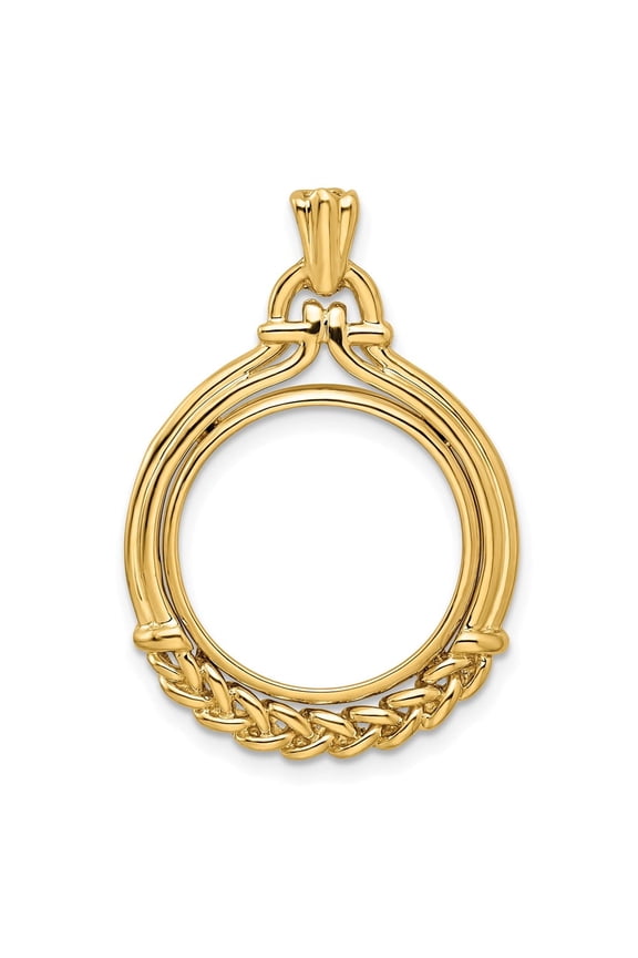 Wideband Distinguished Coin Jewelry 14k Polished Fancy Wheat Bottom 16.5mm Prong Coin Bezel Pendant