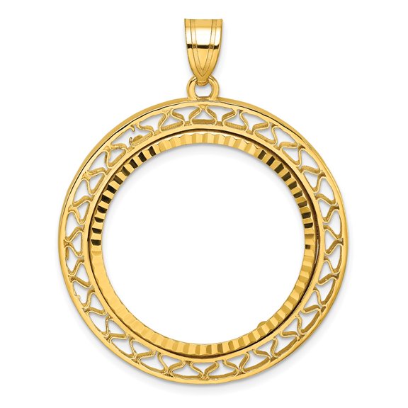 Wideband Distinguished Coin Jewelry 14k Polished and Diamond-cut Fancy Wire 27.0mm Prong Coin Bezel Pendant