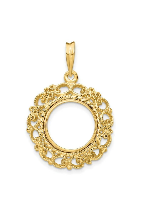 Finest Gold Wideband Distinguished Coin Jewelry 14K Polished & Textured Victorian 13.0 mm Prong Coin Bezel Pendant