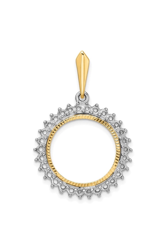 Wideband Distinguished Coin Jewelry 14k Two-tone Polished and Diamond-cut Diamond Circle 16.5mm Prong Coin Bezel Pendant Mounting