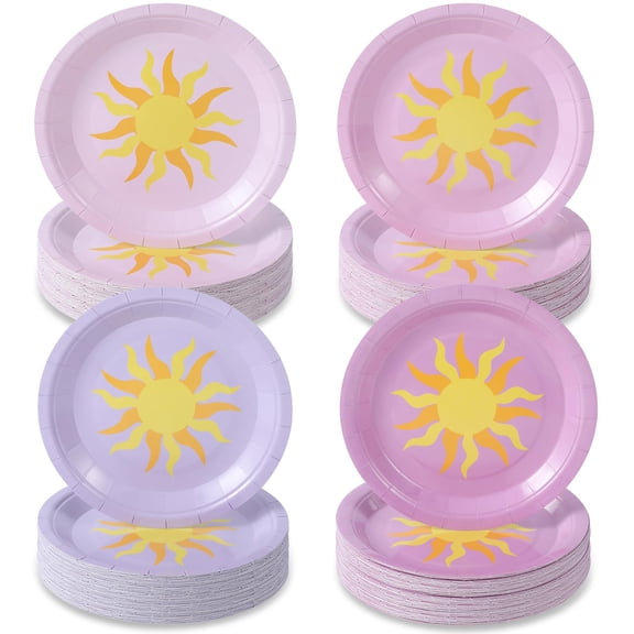Widecook 100 Pack Purple and Sun Birthday Party Plates for Purple Party Decorations 1st Birthday Paper Plates Sun Tableware Set for Baby Shower Wedding Supplies Y114