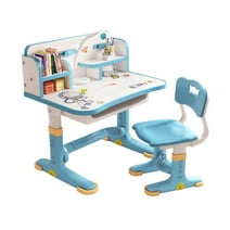 Widened Desktop Multi Separation Cartoon Pattern Desk Chair Set Kids Adjustable Height Study Table with Drawer Chair Set-Blue