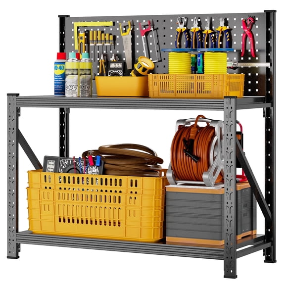 Widened Heavy Duty Workbench with Pegboard, Work Table with Reinforce Stable Side Beams, Metal Workstation for Garage Warehouse Workshop Office, 47.2"H x 47.2"W x 18.9"D, Black