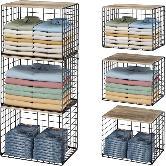 Huxidaja Stackable Closet Organizers and Storage Shelves with Top Board, Widened Clothes Bins, Black