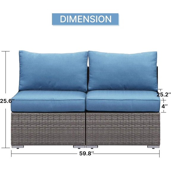 Wider 2 Pieces Outdoor Sofa Rattan Sectional All-Weather Wicker Armless Loveseat Furniture with Blue Cushion for Porch Balcony Garden Poolside