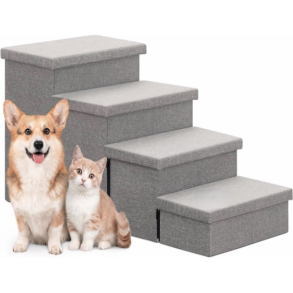 Wider Pet Stairs with Storage 23 Inch High Gray Steps for Dogs and Cats