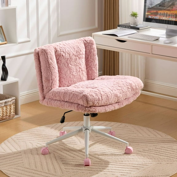 Wider Seat Office Chair 26.4 Inch Pink Faux Fur Adjustable Desk Chair with Metal Base, Artificial Rabbit Hair Swivel Vanity Chair for Bedroom, Ergonomic Double Cushion Foam Seat