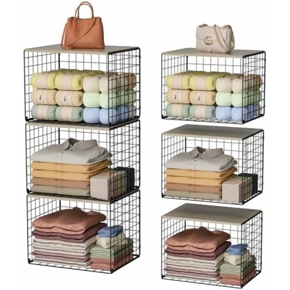 Wider Stackable Closet Organizers and Storage with Wood Top, 3 Pack Closet Shelf Organizer, Double Storage Design, Clothes Storage Cube/Bins Organizer for Wardrobe, Space-Saving, Black,Sturdy,Metal