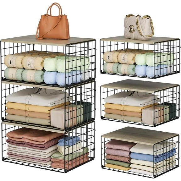 Wider Stackable Closet Organizers and Storage with Wood Top, 3 Pack Closet Shelf Organizer, Space-Saving Clothes Storage Bins for Wardrobe & Bedroom & Small Spaces, Sturdy Metal Black