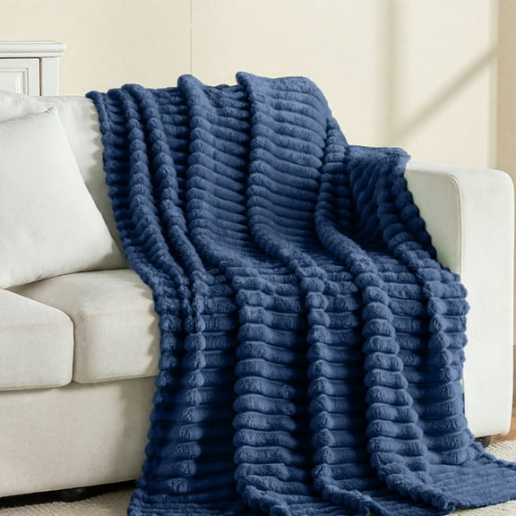 Wider Striped 380gsm Navy Throw Blanket for Couch Super Soft Cozy Blankets for Women Fuzzy Fleece White Blanket for Bed Sofa 50x60