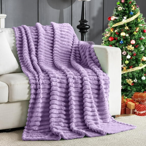 Wider Striped 380gsm Purple Blanket for Couch Super Soft Cozy Blankets for Women Fuzzy Fleece White Blanket for Bed Sofa 50x60