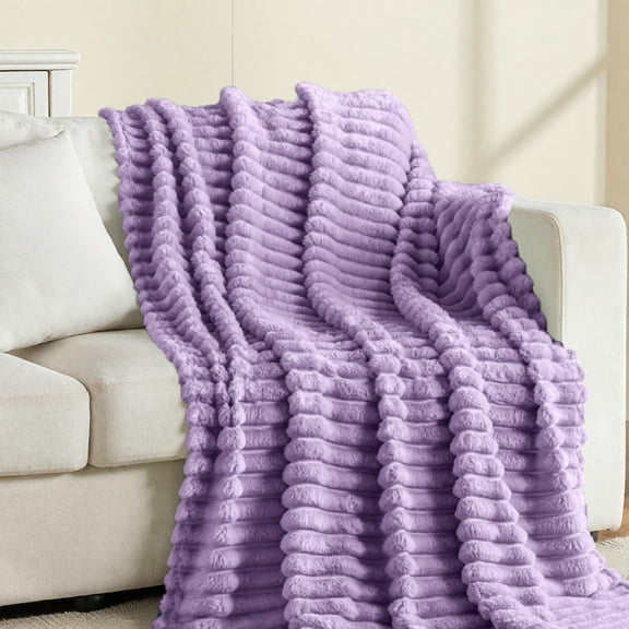Wider Striped 380gsm Purple Throw Blanket for Couch Super Soft Cozy Blankets for Women Fuzzy Fleece White Blanket for Bed Sofa 50x60