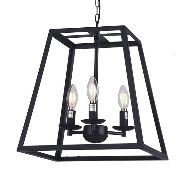 Wideskall 14" Modern Black Metal Iron Frame Square Cage Chain Hanging Chandelier Ceiling Light 3-Bulbs Lantern Lighting Fixture, Matte Black Finish, UL Certificated