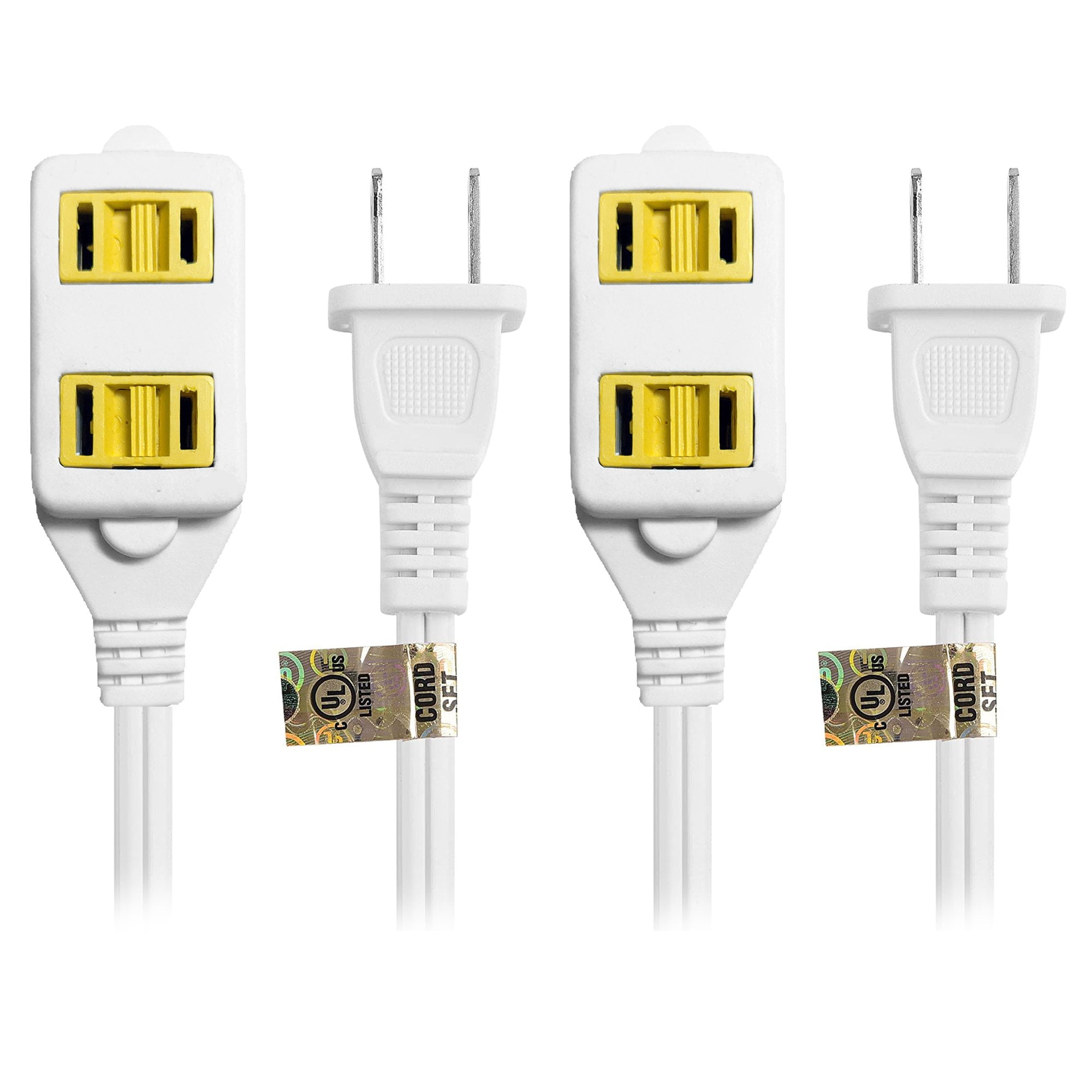 Wideskall 2-Pack 20 Feet 16 Gauge 2 Prong 3 Outlets Indoor Extension Cord White UL Listed