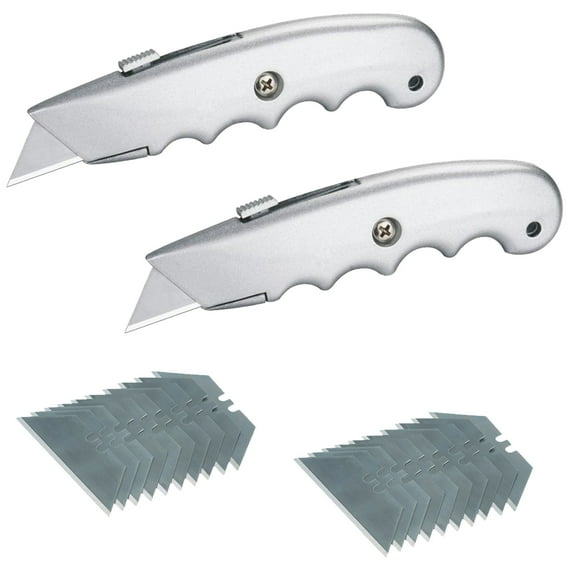 Wideskall 2-Pack Heavy Duty Contoured Handle Retractable Blade Utility Knife with 10 Razor Blades Metal Frame