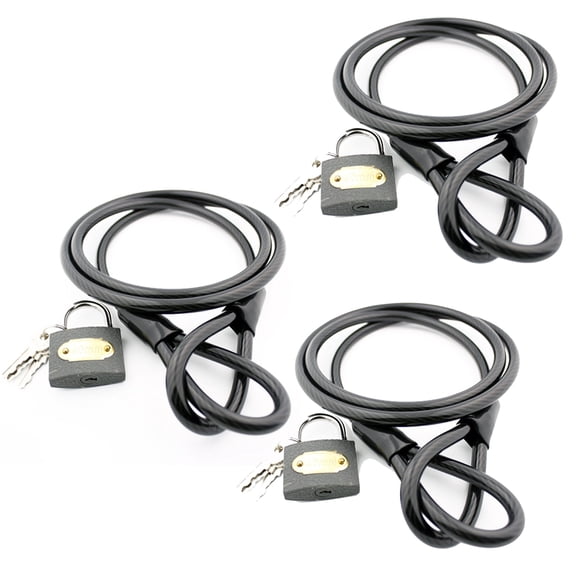 Wideskall 3-Pack 47" inch Bicycle Bike Braided Steel Cable Chain Looped End with 8mm Keyed Padlock Black