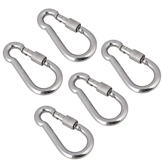 Wideskall 4.7" Heavy Duty Metal Screw Lock Carabiner Hook Snap Clip D-Ring Chrome Silver - Pack of 5