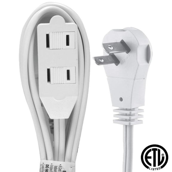 Wideskall 6 Feet 2 Prong 16 Gauge 3 Outlets Agnle Flat Plug ETL Listed Indoor Extension Cord White