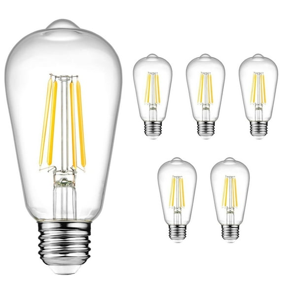 Wideskall 6-Pack Dimmable E26 Vintage LED Edison Bulbs, 60W Equivalent, 700 Lumens, 2800K Warm White, Medium Base, Filament Clear Glass