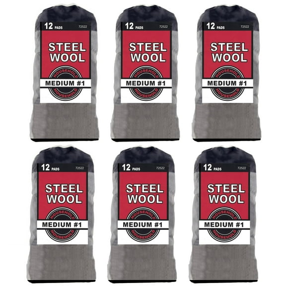 Wideskall 6-Pack Household Steel Wool 12 Pads, Medium Grade #1 6 Bags of 12 Pads, Total 72 Pads