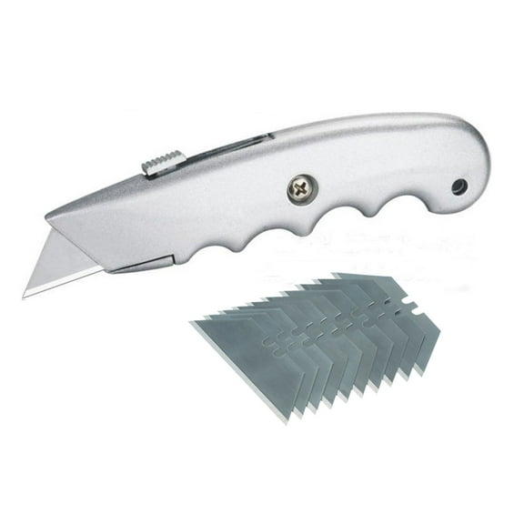 Wideskall Heavy Duty Contoured Handle Metal Retractable Blade Utility Knife with 10 Razor Blades