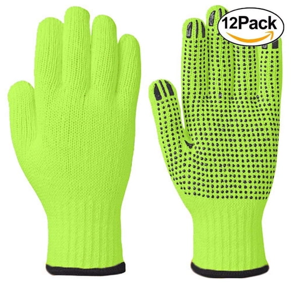 Wideskall High Visibiliby Large Cotton PVC Dots Grip String Knit Safety Work Gloves, 12 Pairs