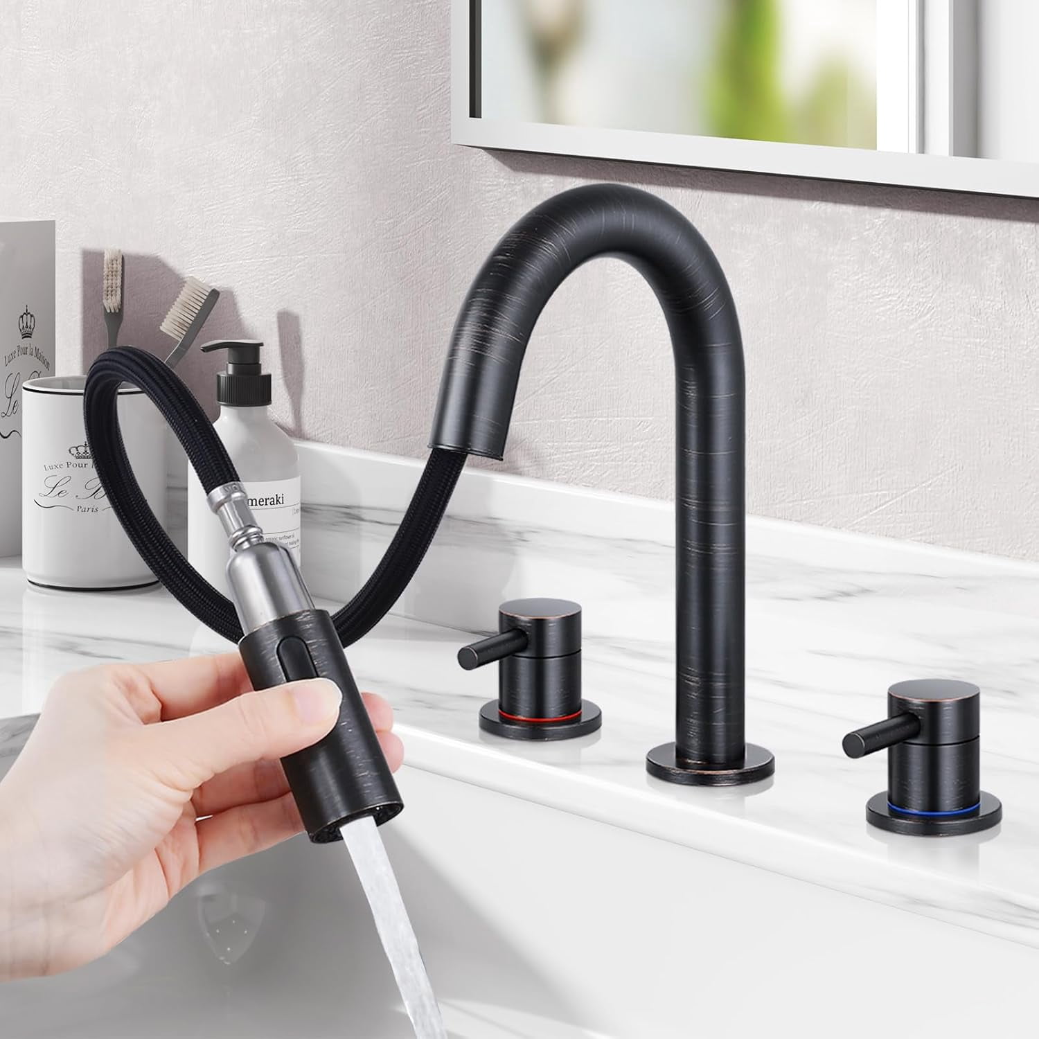 Widespread Bathroom Faucet 3 Hole 8 inch Bathroom Sink Faucet with Pull ...
