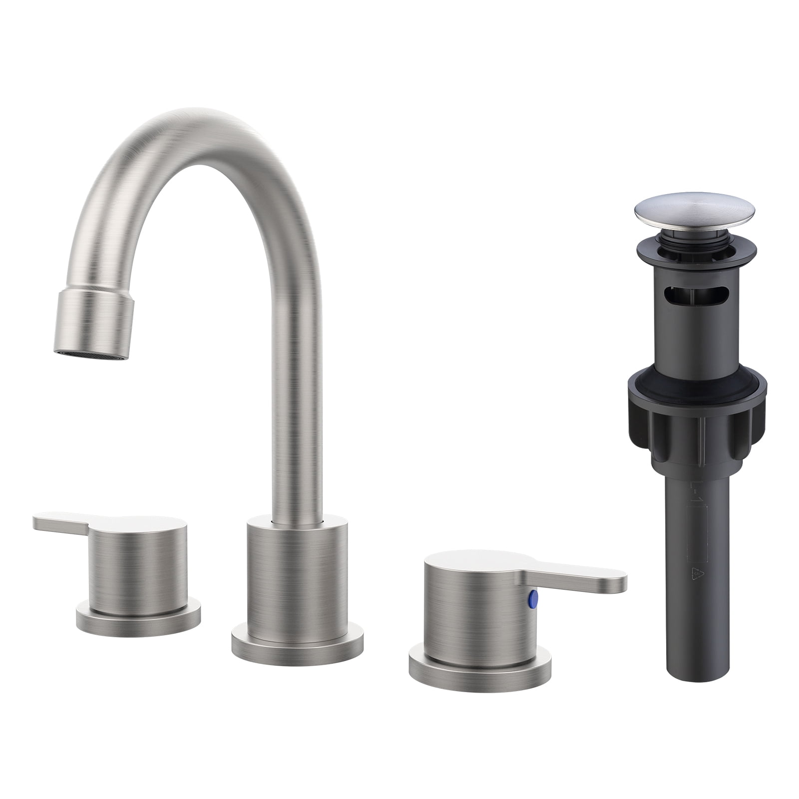 Widespread Bathroom Sink Faucet Brushed Nickel 2 Handle 8 inch 3 Hole 360°Swivel Spout Vanity Sink with Pop Up Drain Assembly