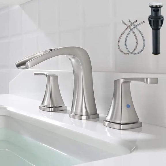 Widespread Bathroom Sink Faucet Brushed Nickel Basin Mixer Tap 3 Holes W/ Drain
