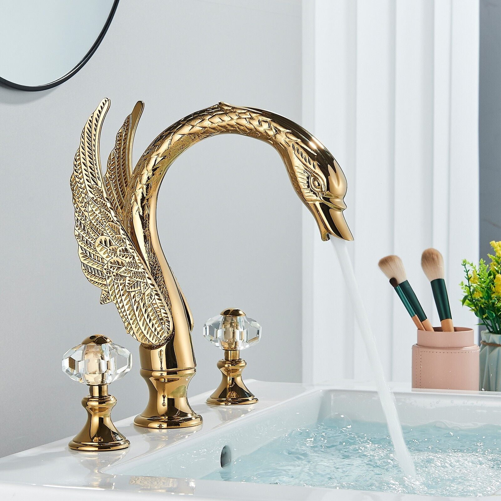 Widespread Golden Swan Style Bathroom Sink Faucet Deck Mount Sink Mixer Tap
