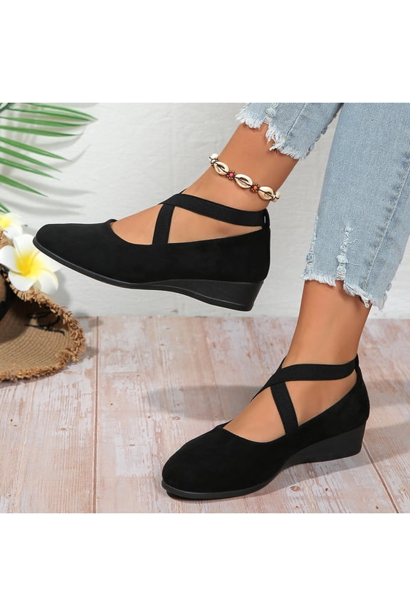 Widestep Shoes for Women, Woman Mary Jane, Womens Orthopedic Shoes, Women's Dress Flats Ballet Low Wedge Round Toe Fashion Elastic Ankle Strap Comfortable Casual Flats Shoes, Black 9