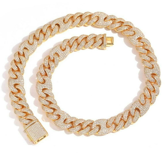 Width 15mm Big Iced Out Cuban Link Necklace, Solid Thick Men Cuban Chains, Sparkling Clustered Hip Hop Miami Cuban Link Chain for Men, 16-24 Inch - Gift Box Included