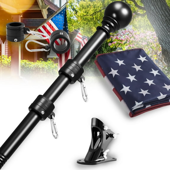 Widyana Metal Flag Pole 5Ft, Include a 3x5Ft US Flag, a Holder, Two No-Tangle Rings, 1 Set, Black